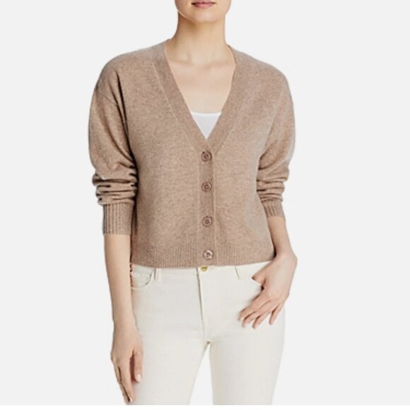 AQUA Cashmere Shell Stitch Sleeve Cashmere Sweater-Wheat Ivory - Picture 1 of 8